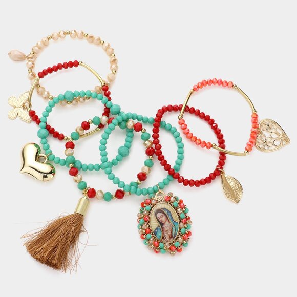 7PCS - Mother Mary Butterfly Flower Heart Tassel Charm Beaded Stretch Bracelets - Picture 2 of 2